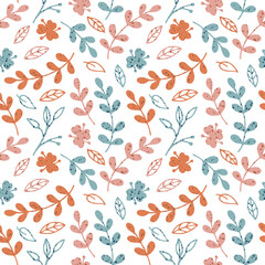 Vector seamless pattern from hand drawn plants. Abstract background with flowers, branches, leaves. Trendy floral texture from cute doodle botanical elements, wallpaper. Spring print for a card