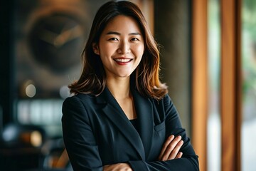 a woman in a suit with her arms crossed