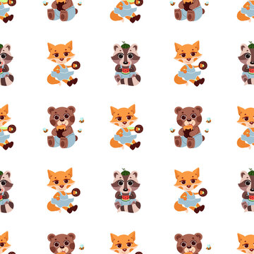 seamless pattern of forest animals fox and bear