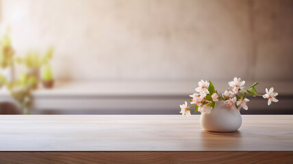 Fototapeta na wymiar Minimal Cozy Counter Romantic Clear Mockup. Usable for product presentation background. Wood top counter and warm white wall with vase plant.