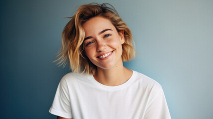 Fototapeta premium Young happy woman, smiling gen z girl model wearing tshirt looking at camera standing on color background. Face skin care cosmetics makeup, fashion ads. Beauty portrait. White t-shirt mock up template