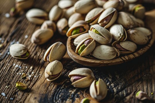 a bowl of pistachios on a wooden surface