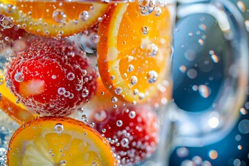 a glass of water with fruit slices and bubbles