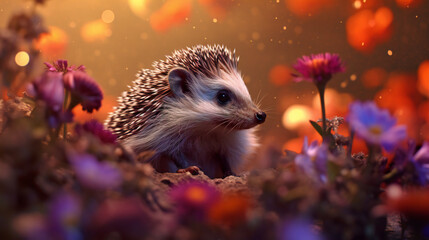 cute hedgehog watching sunrise sitting in field of flowers