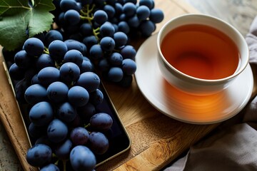 a cup of tea and grapes on a wooden surface