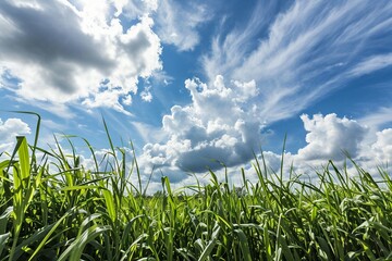 a field of grass under a blue sky with clouds