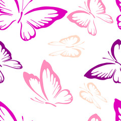A seamless background with pink butterflies. hand drawing. Not AI, Vintage background. Vector illustration