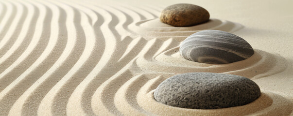 Zen Stones with lines in the sand spa therapy concept of harmony of purity and balance.