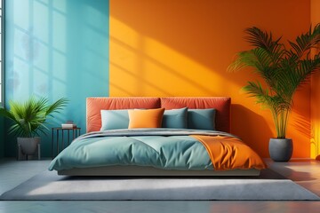 Modern simplicity: Minimalist interior design showcases a bed against vibrant orange and blue wall with copy space, offering a contemporary and serene bedroom ambiance.