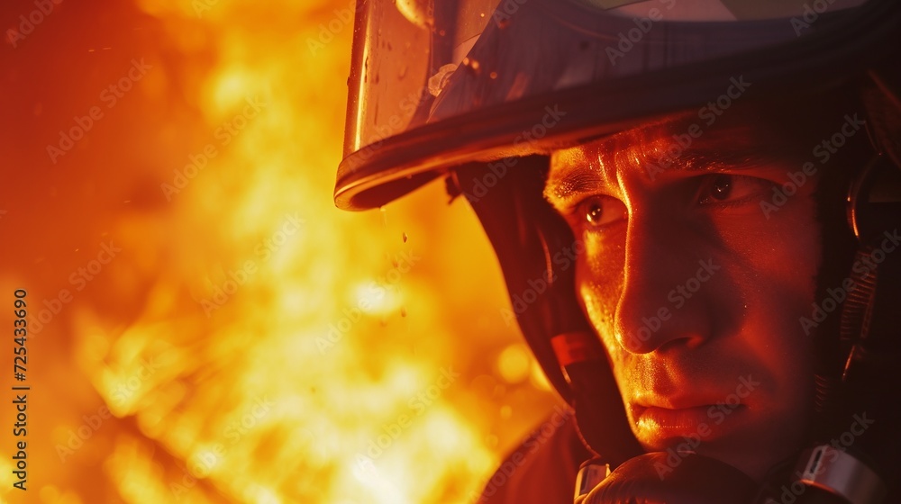 Poster portrait of a firefighter in a protective helmet and uniform on fire.ai.