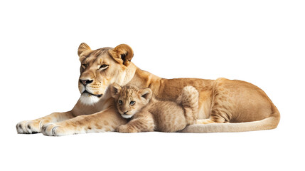 A Mother Lion and Her Two Cubs