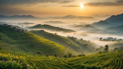 Beautiful panoramic landscape of a terrace fields with foreground is small colorful spring flowers and background is mountains in fog. North Vietnam at the amazing sunset
