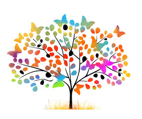 Tree with colored butterflies and hearts. hand drawing. Not AI, Vector illustration