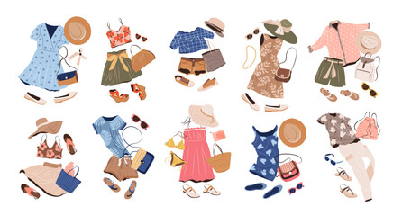 Obraz na płótnie Canvas Outfits set in casual style for women. Fashion clothing, accessories, swimwear, bags, shoes for spring, summer and vacation. isolated flat vector illustrations on white background. Clip art.