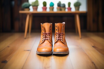 leather boots with fresh polish on wooden surface