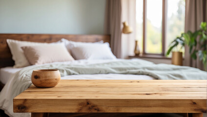Empty wooden table for product display with blurry bedroom background