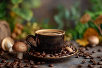 Obraz na płótnie Canvas coffee cup, black coffee, brown mushrooms and coffee beans beside, blured background