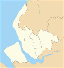 Beige flat vector metropolitan administrative map of MERSEYSIDE, ENGLAND with black border lines and waterways of its local authority districts