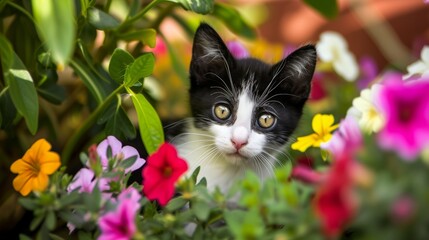 Naklejka na ściany i meble Curious Kitten Peeking from Behind Vibrant Flower Bush AI Generated