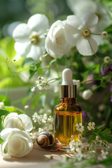 Natural cosmetic product oil or essence in a bottle with a dropper, with snail