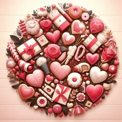 Colorful heart-shaped candies, buttons, and decorations in a festive holiday arrangement, featuring sweet treats, chocolate, fruits, and beautiful details