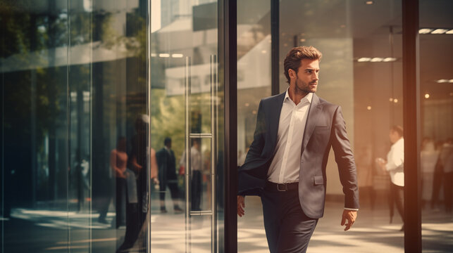 Businessman Walking Confidently Out Of Office Through Glass Door After A Successful Business Deal, Corporate Lifestyle, Business Confidence