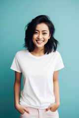 Fototapeta premium Young happy smiling Asian woman model wearing tshirt looking at camera on color background. Face skin hair care korean cosmetic and makeup, fashion ads. Beauty portrait. White t-shirt mock up template