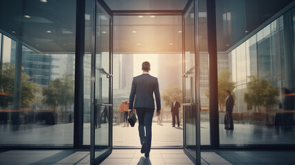 Fototapeta na wymiar Businessman walking confidently out of office through glass door after a successful business deal, corporate lifestyle, business confidence