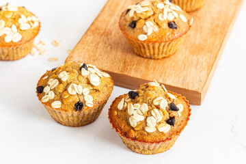 Healthy Oat Muffins with Chocolate Chips Low Angle Close-Up Photo