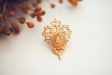 a single, ornate gold brooch with intricate details - obrazy, fototapety, plakaty