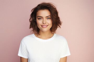 Fototapeta premium Young happy woman, smiling gen z girl model wearing tshirt looking at camera standing on color background. Face skin care cosmetics makeup, fashion ads. Beauty portrait. White t-shirt mock up template