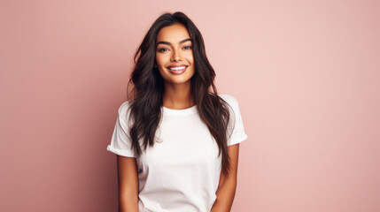Young happy smiling Indian woman model wearing tshirt looking at camera standing on color background. Face skin care cosmetics makeup, fashion ads. Beauty portrait. White t-shirt mock up template . - obrazy, fototapety, plakaty