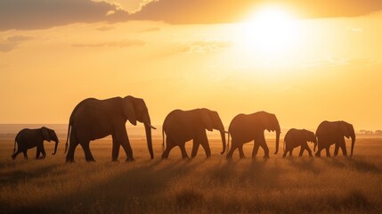 Fototapeta na wymiar Tranquil Sunset Stroll of Elephants AI Generated.