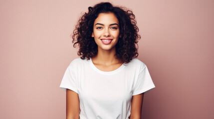 Obraz premium Young happy smiling Latin woman model wearing tshirt standing on color background. Face skin treatment, curly hair care cosmetics makeup, fashion ads. Beauty portrait. White t-shirt mock up template .