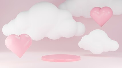 3D Rendering Pink sky with cloud and podium abstract love heart background