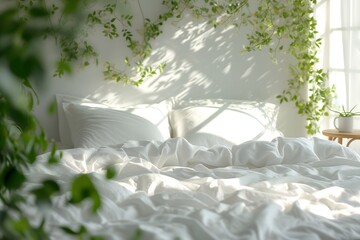 Minimalist elegance: close-up of bed with white bedding and pillow against lush greenery, Scandinavian interior design.