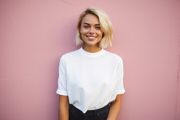 Obraz premium Young happy woman, smiling gen z girl model wearing tshirt looking at camera standing on color background. Face skin care cosmetics makeup, fashion ads. Beauty portrait. White t-shirt mock up template