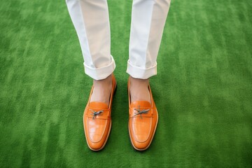 mens spring fashion coordinated with stylish loafers, fake grass as display floor - obrazy, fototapety, plakaty