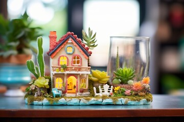 miniature fairy house nestled amongst succulents in a terrarium