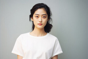 Fototapeta premium Young pretty Asian woman model wearing tshirt looking at camera standing on color background. Face skin care korean cosmetic and makeup, fashion ads. Beauty portrait. White t-shirt mock up template .