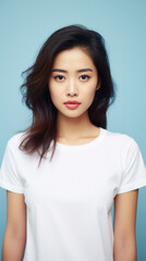 Fototapeta premium Young pretty Asian woman model wearing tshirt looking at camera standing on color background. Face skin care korean cosmetic and makeup, fashion ads. Beauty portrait. White t-shirt mock up template .