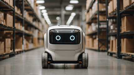 A robot courier among the racks of cardboard boxes in a modern distribution warehouse