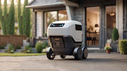 A robot courier stands outside a house. The concept of autonomous delivery.