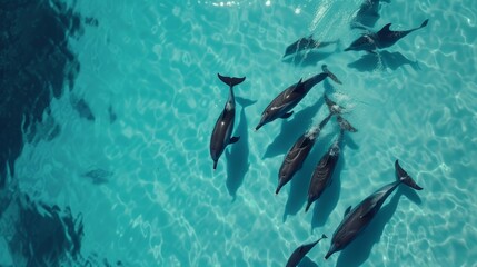 Aerial Perspective of Playful Dolphins in Sync Swimming in Clear Blue Ocean AI Generated.