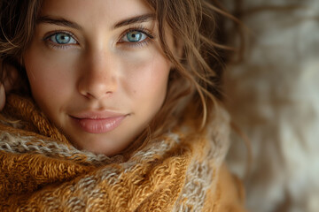 portrait femme, plan serré, belle et souriante, avec une grosse écharpe en laine, automne, hiver, froid, photo de mode - obrazy, fototapety, plakaty