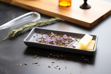 lavender soap bar on a slate dish with scattered dried lavender buds