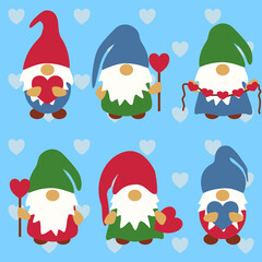 Fototapeta premium Seamless pattern with Valentine gnomes with white beards in blue, red and green colors on blue background with hearts. Could be used as illustration or background for Valentine’s day. 