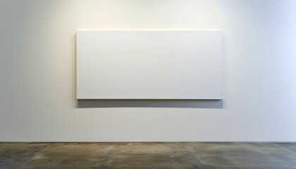 A blank white canvas mounted on a white wall. Copy space