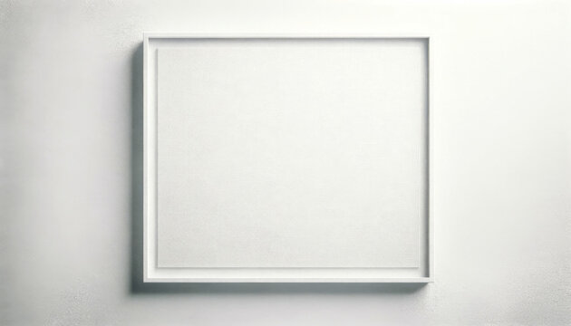 A blank white canvas within a modern frame on a white wall. Copy space