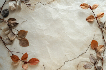 An aged piece of paper with a frame created by dried autumn leaves in warm brown tones. Copy space
